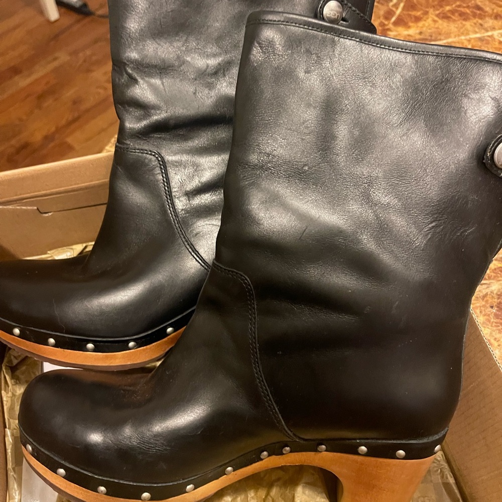 UGG Black Leather Mules with Wooden Sole